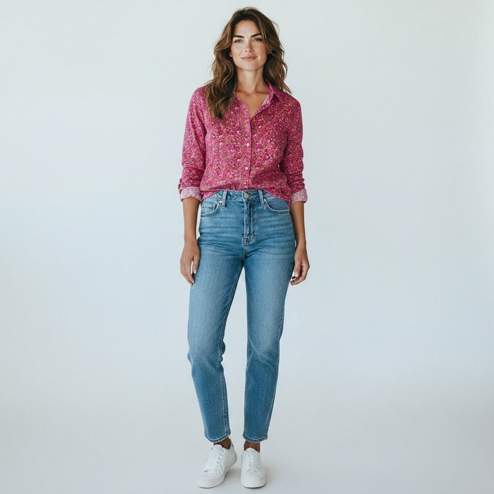 St Johns Bay Hot Pink Corduroy Button Up Top XL Multicolor Floral Cotton Shirt